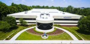 An aerial view of an office building.