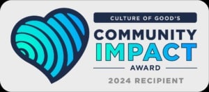 Logo for the Culture of Good's Community Impact Award, 2024 Recipient, featuring a stylized heart on the left and text on the right.