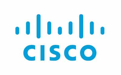 The image shows Cisco's logo with "CISCO" in blue capital letters and a stylized bridge design composed of vertical bars above the text.