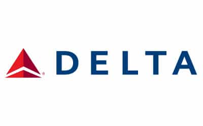 Delta Airlines logo featuring a red triangle shape on the left and the word "DELTA" in bold blue letters to the right.