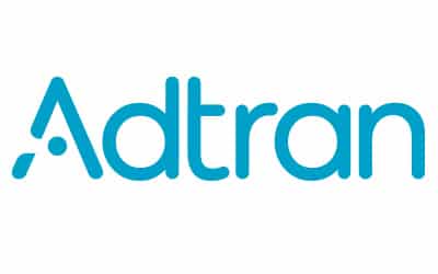 Logo of Adtran, featuring the company name in a stylized blue font.