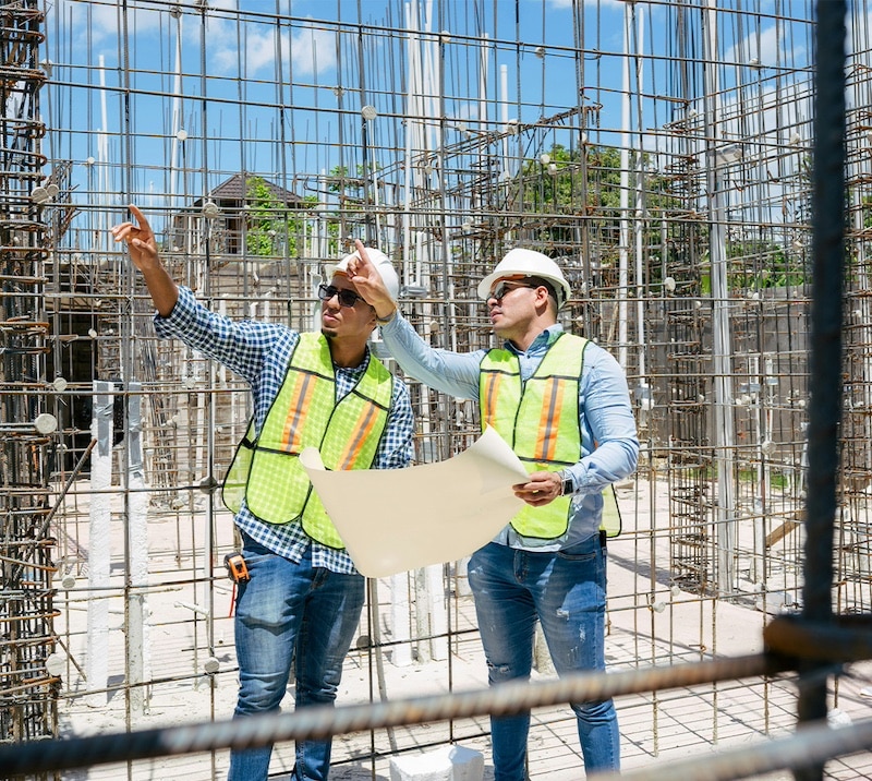 Two construction workers in safety vests and helmets review blueprints and point at a building frame on a construction site.