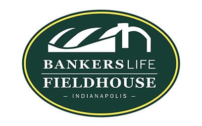 Logo of Bankers Life Fieldhouse, Indianapolis; features white text on a dark green oval background with a stylized building graphic above the text and a yellow border.