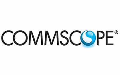 Logo of CommScope featuring the company name in black text with a blue, stylized globe incorporated into the letter "O".