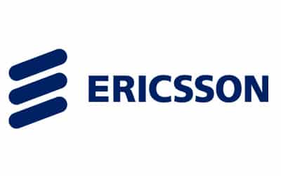 The image shows the Ericsson logo, which consists of three diagonal blue bars stacked vertically to the left, followed by the text "ERICSSON" in blue uppercase letters.