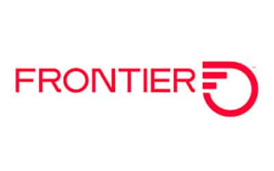 Red logo of "FRONTIER" with stylized "E" incorporating an arrow pointing right.