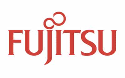 The Fujitsu logo in red text with a stylized infinity symbol above the "J" and "I.