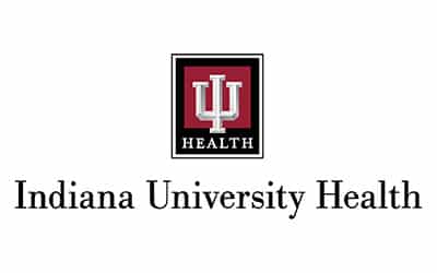 Logo of Indiana University Health featuring a white "IU" monogram on a red background, with the text "Indiana University Health" below.