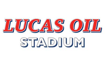 Logo text reads "Lucas Oil Stadium" with "Lucas Oil" in red outlined letters and "Stadium" in blue outlined letters against a white background.