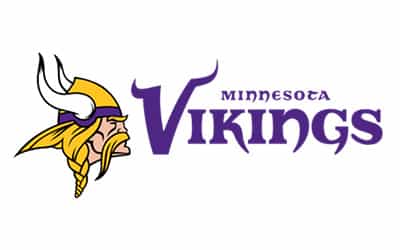 The Minnesota Vikings logo features a profile of a Viking with a horned helmet next to the words "Minnesota Vikings" in purple text.