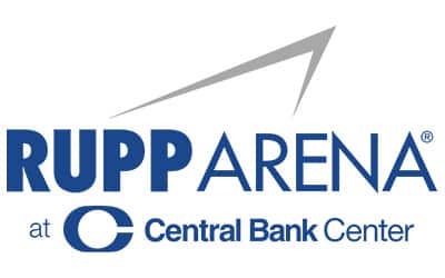 Logo for Rupp Arena at Central Bank Center, featuring a stylized arrow above the text and a curved 'C' symbol.