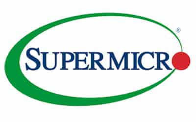 Supermicro logo featuring the company name in blue serif font, enclosed by a green and red elliptical arc.