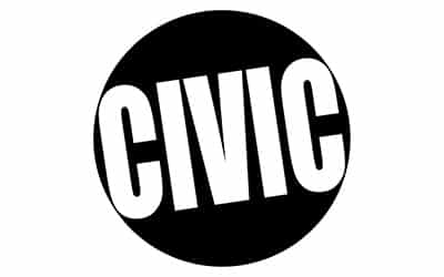 Black circular logo with the word “CIVIC” in bold white letters stretching beyond the circle's bounds.