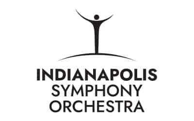 Logo of the Indianapolis Symphony Orchestra featuring a stylized figure with arms raised above the text "Indianapolis Symphony Orchestra.