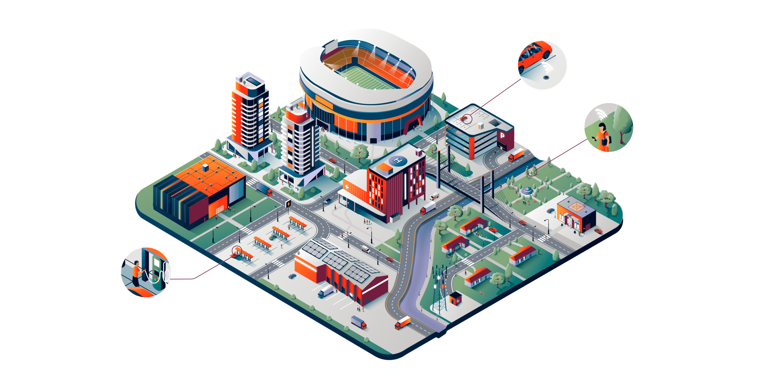 An illustrated isometric view of a city district featuring a stadium, high-rise buildings, residential houses, roads with cars, and detailed insets highlighting various activities.