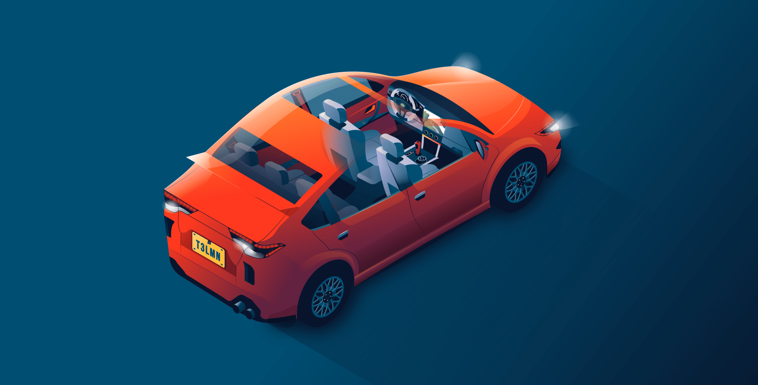 Illustration of a red taxi car with a driver and a passenger, viewed from an elevated angle. The vehicle is on a blue background.